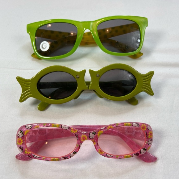 Sanrio Other - Trendy Kids Sunglasses 3 pairs Bright Green, Olive Fish shape, Pink, Miss Kitty.